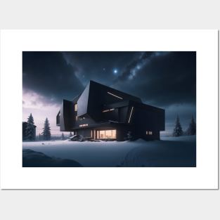 Black futuristic house in snowy place Posters and Art